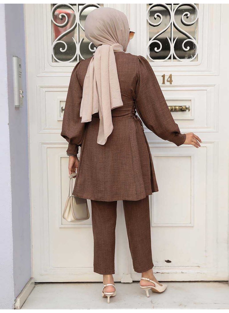 Muslim Women's Casual Tunic & Pants Set with Lantern Sleeves and Side Tie Detail - Image 2