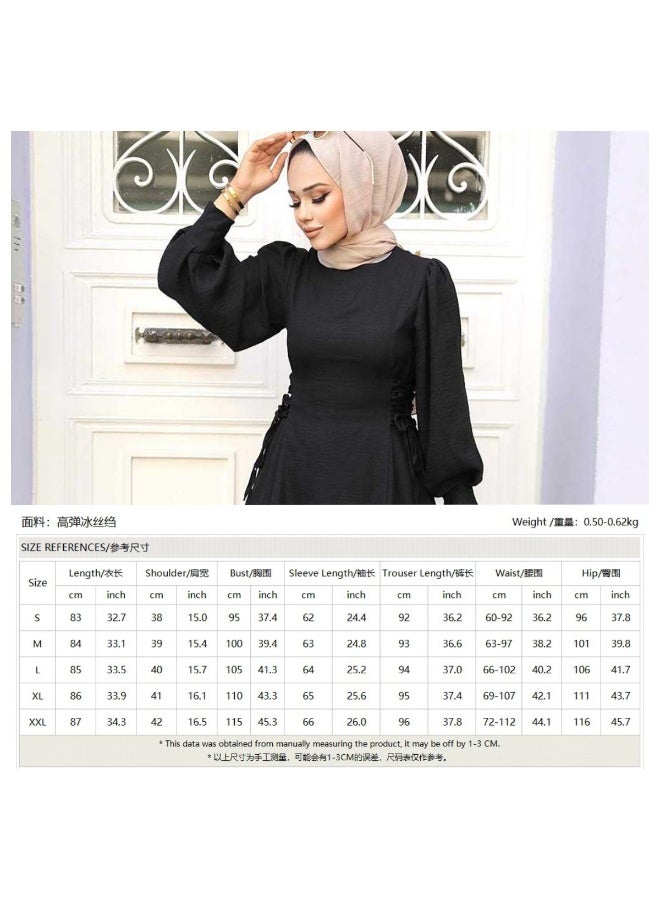 Muslim Women's Casual Tunic & Pants Set with Lantern Sleeves and Side Tie Detail - Image 4