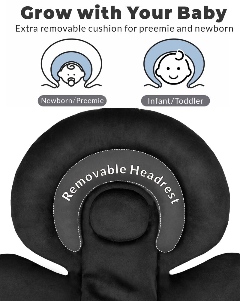 TinlyFinly Infant Car Seat Insert with Removable Cushion for Preemie to Toddler, Reversible Newborn Carseat Insert for Baby Head Body Support, Fits for Stroller, Baby Swing, Bouncer (Pure Black) - Image 4