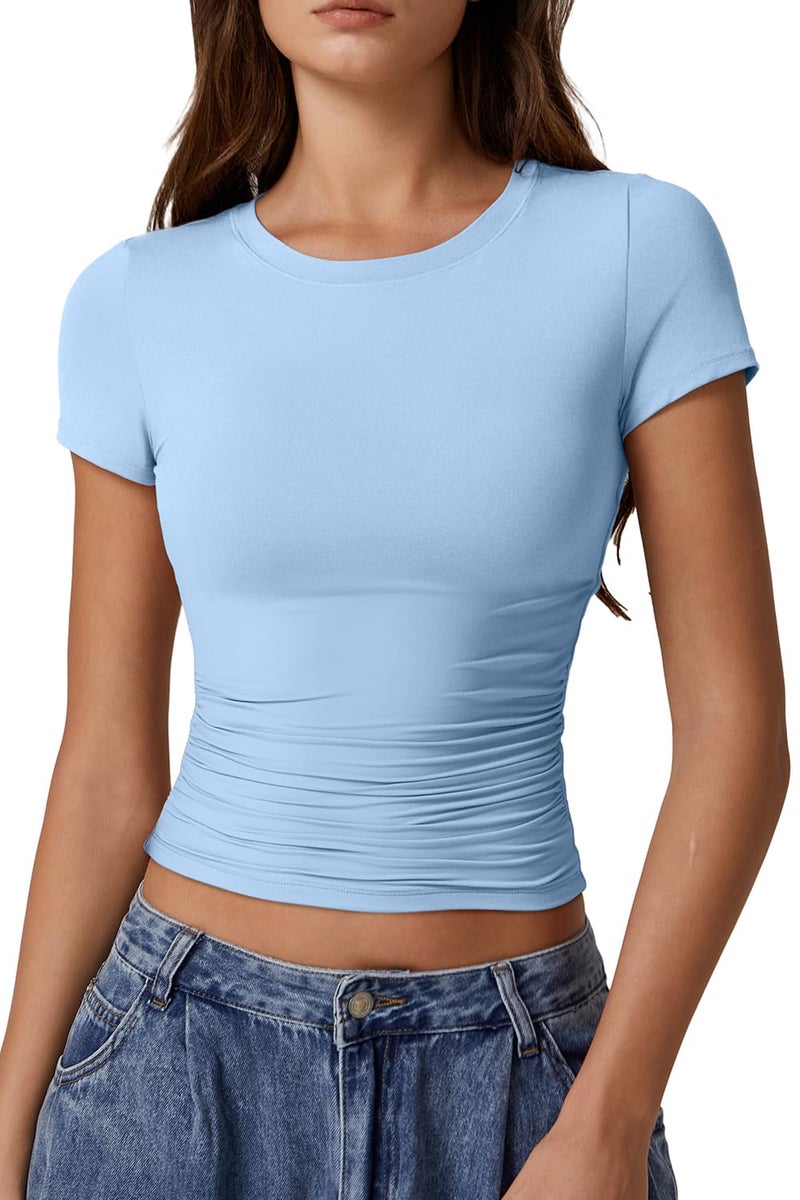 QINSEN Double Lined Short Sleeve Shirts for Women Crewneck Ruched Slim Fit Y2k Tops Going Out Tees Sky Blue S - Image 1