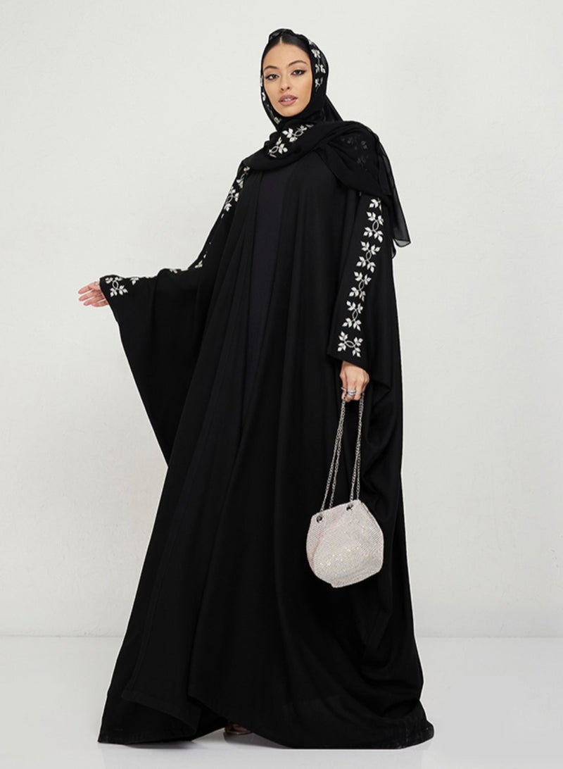 Rosette Abaya Embellished Embroidery Abaya with Matching Shella - Image 4