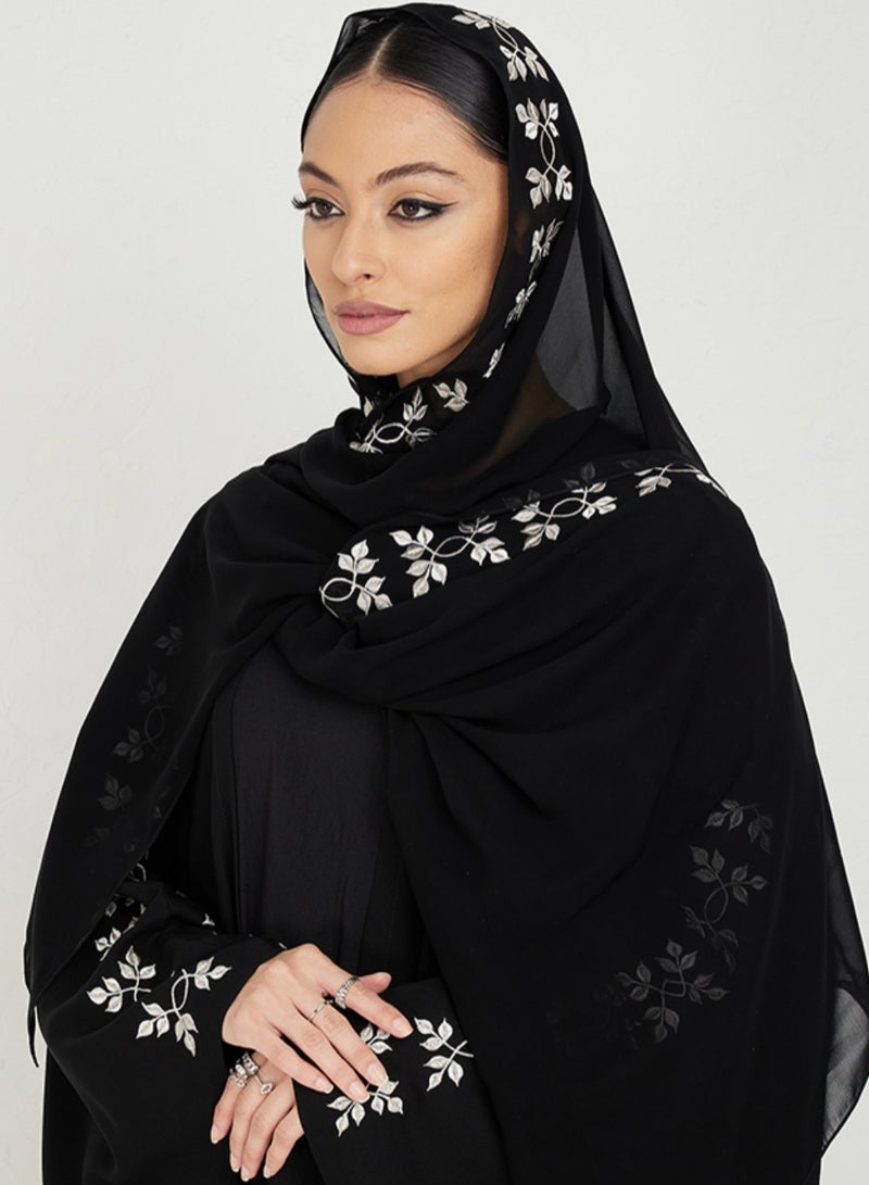 Rosette Abaya Embellished Embroidery Abaya with Matching Shella - Image 2
