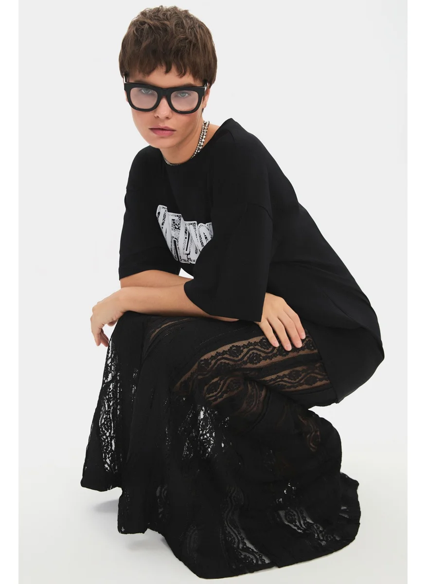JUNE Women's Crew Neck Short Sleeve Printed Lace Detail Maxi Dress