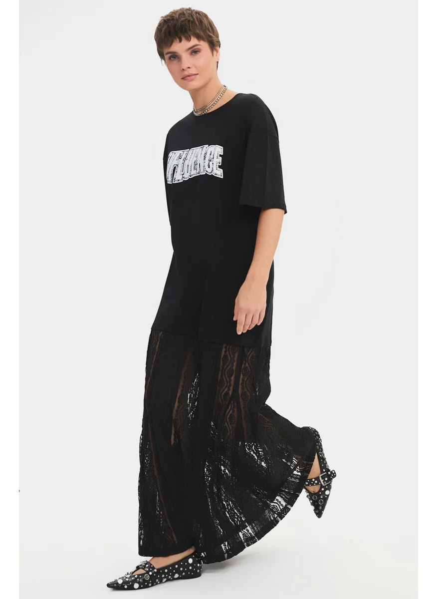JUNE Women's Crew Neck Short Sleeve Printed Lace Detail Maxi Dress