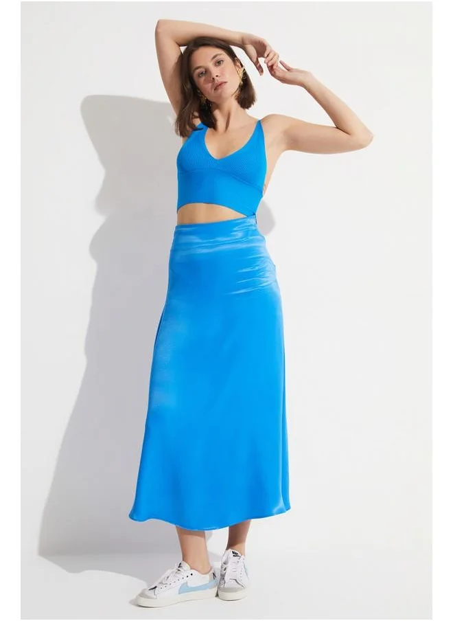 جون June Long Satin Skirt Blue