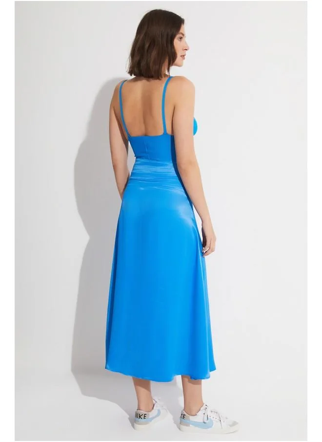 جون June Long Satin Skirt Blue