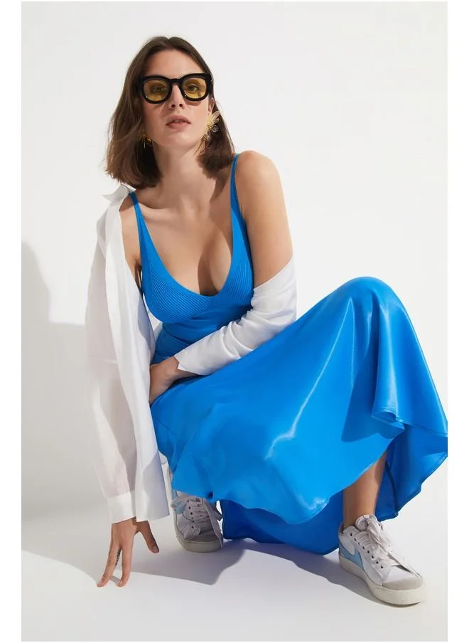 جون June Long Satin Skirt Blue
