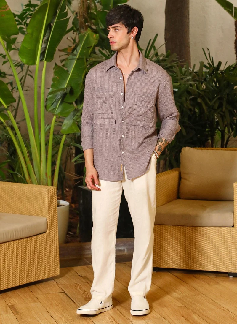 Campus Sutra Campus Sutra Men's Ash Brown Straw-Tactile Utility Oversized Shirt For Casual Wear | Spread Collar | Long Sleeve | Button Closure | Oversized Shirt Crafted With Comfort Fit For Everyday Wear