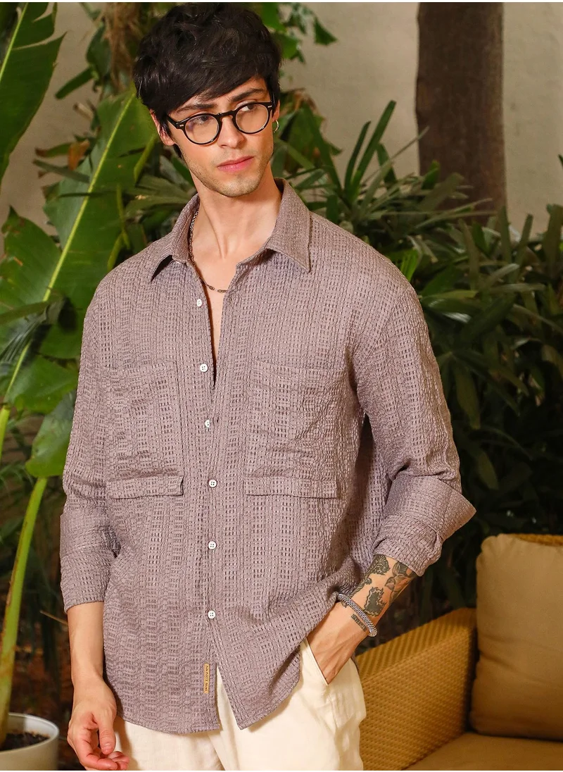 Campus Sutra Campus Sutra Men's Ash Brown Straw-Tactile Utility Oversized Shirt For Casual Wear | Spread Collar | Long Sleeve | Button Closure | Oversized Shirt Crafted With Comfort Fit For Everyday Wear