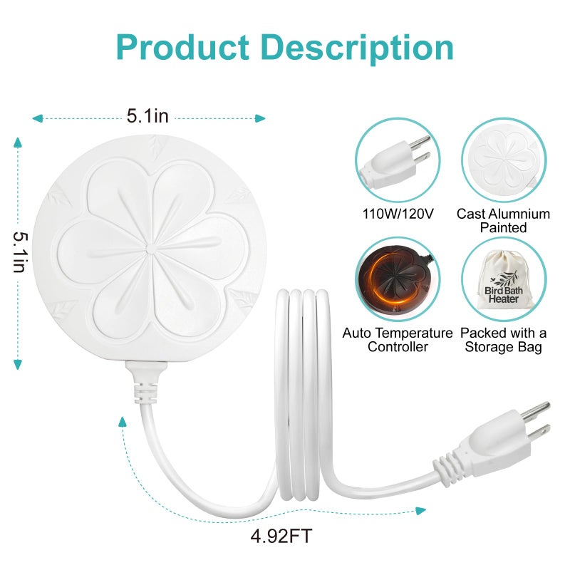 Poffattr 110W Bird Bath Heater for Outdoors in Winter, Submergible Cast Aluminum Chicken Water Heater with Thermostatically Controlled Bird Bath Deicer Pond Deicer for Livestock - Image 2
