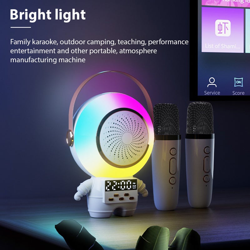 Mini Karaoke Machine Astronaut Shape Speaker Portable BT Mic and Speaker Set with 2 Wireless Microphone LED Color Light Handheld Mic Karaoke Gifts for Birthday Party Outdoor Home KTV Set - Image 5