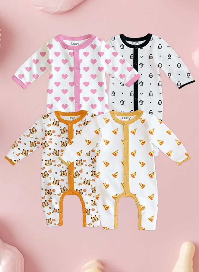 لؤي 100% Cotton Full Sleeves Baby Printed Romper,Sleepsuit for Baby Girls & Boys_(Pack of 4)