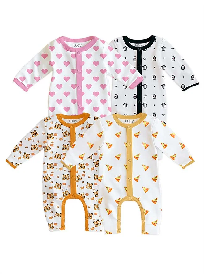 لؤي 100% Cotton Full Sleeves Baby Printed Romper,Sleepsuit for Baby Girls & Boys_(Pack of 4)