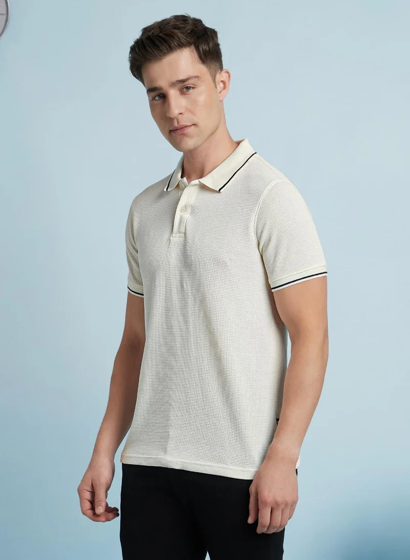 Men's Off White Cotton Blend Solid Regular Fit T-Shirt