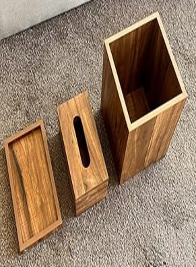 wood workers modern bathroom organizer set, wooden 3 piece set for living room bedroom dining kitchen, rustic rectangular trash bin, tissue box, tray set for office, vanity home decor accessories