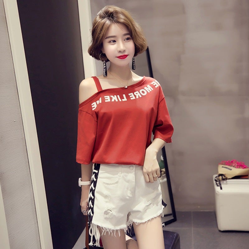 Wholesale Short-Sleeved T-Shirts for Women 2025 New Style Tops Ulzzang Versatile Off-Shoulder Printed Base Shirt One-Piece Dropshipping - Image 5