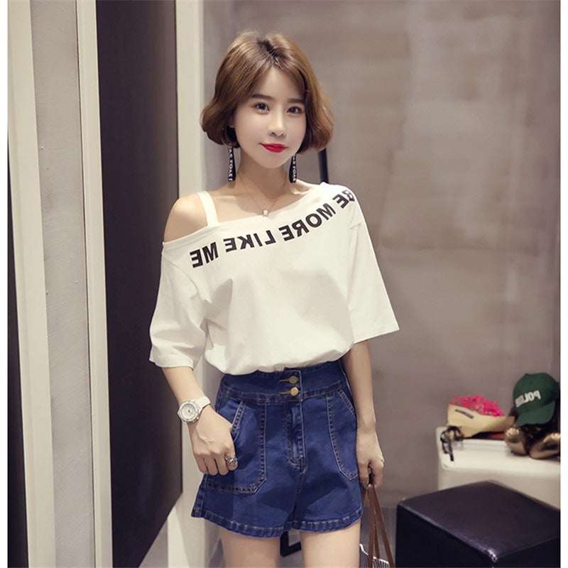 Wholesale Short-Sleeved T-Shirts for Women 2025 New Style Tops Ulzzang Versatile Off-Shoulder Printed Base Shirt One-Piece Dropshipping - Image 1