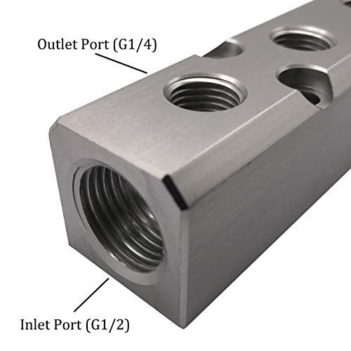 NACX 6 Way Pneumatic Manifold Air Distribution Block, G1/2 Supply Port, G1/4-Inch Output Port, Aluminum Alloy - Image 3