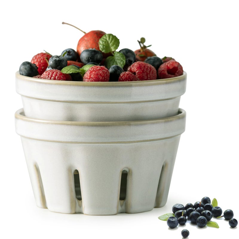 Gomakren Fruit Basket for Kitchen, Fruit Bowl with Holes, Ceramic Berry Basket Set of 2, 5.8 Inch Round Berry Containers Colander - Farmhouse Kitchen Decor, White - Image 1
