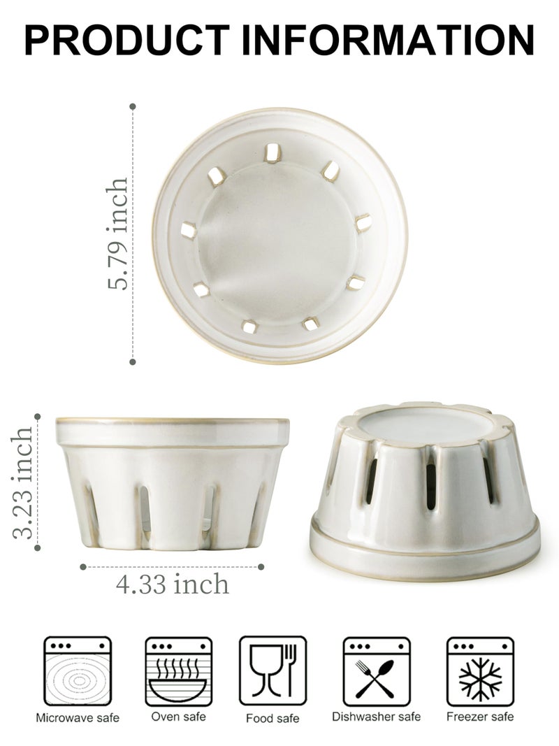 Gomakren Fruit Basket for Kitchen, Fruit Bowl with Holes, Ceramic Berry Basket Set of 2, 5.8 Inch Round Berry Containers Colander - Farmhouse Kitchen Decor, White - Image 2