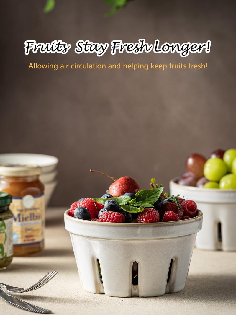Gomakren Fruit Basket for Kitchen, Fruit Bowl with Holes, Ceramic Berry Basket Set of 2, 5.8 Inch Round Berry Containers Colander - Farmhouse Kitchen Decor, White - Image 4
