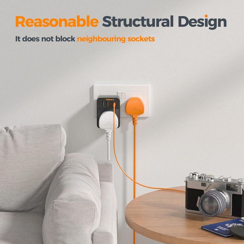 TESSAN 30W USB C Fast Charger Plug Extension Socket, Multi Plug Adaptor Outlet Extender with 4 USB Ports, Black Cube Wall Charger for Home, Kitchen, Office, School Supplies - Image 5