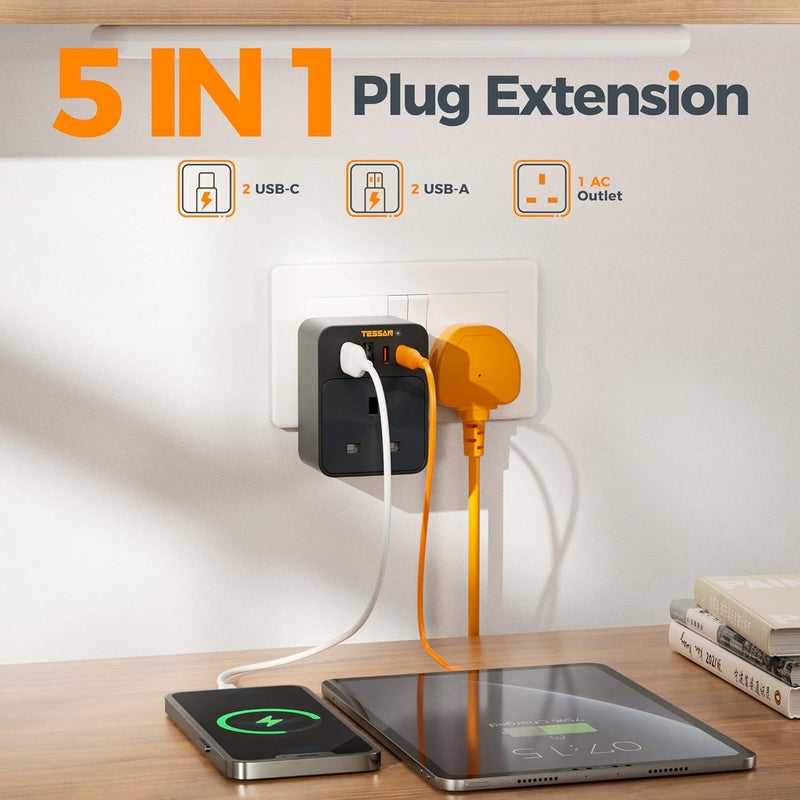TESSAN 30W USB C Fast Charger Plug Extension Socket, Multi Plug Adaptor Outlet Extender with 4 USB Ports, Black Cube Wall Charger for Home, Kitchen, Office, School Supplies - Image 2