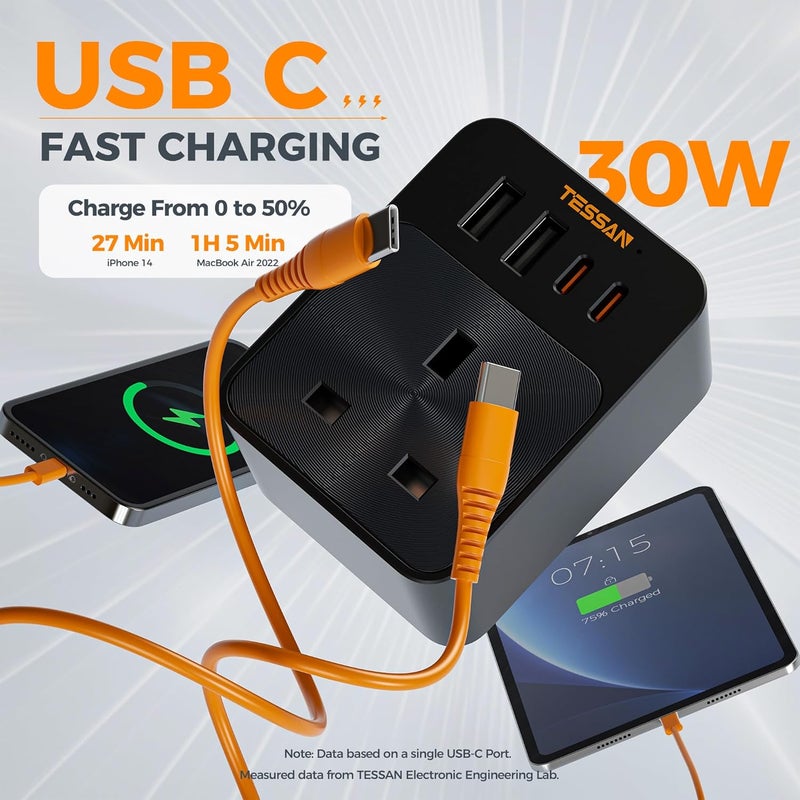 TESSAN 30W USB C Fast Charger Plug Extension Socket, Multi Plug Adaptor Outlet Extender with 4 USB Ports, Black Cube Wall Charger for Home, Kitchen, Office, School Supplies - Image 3