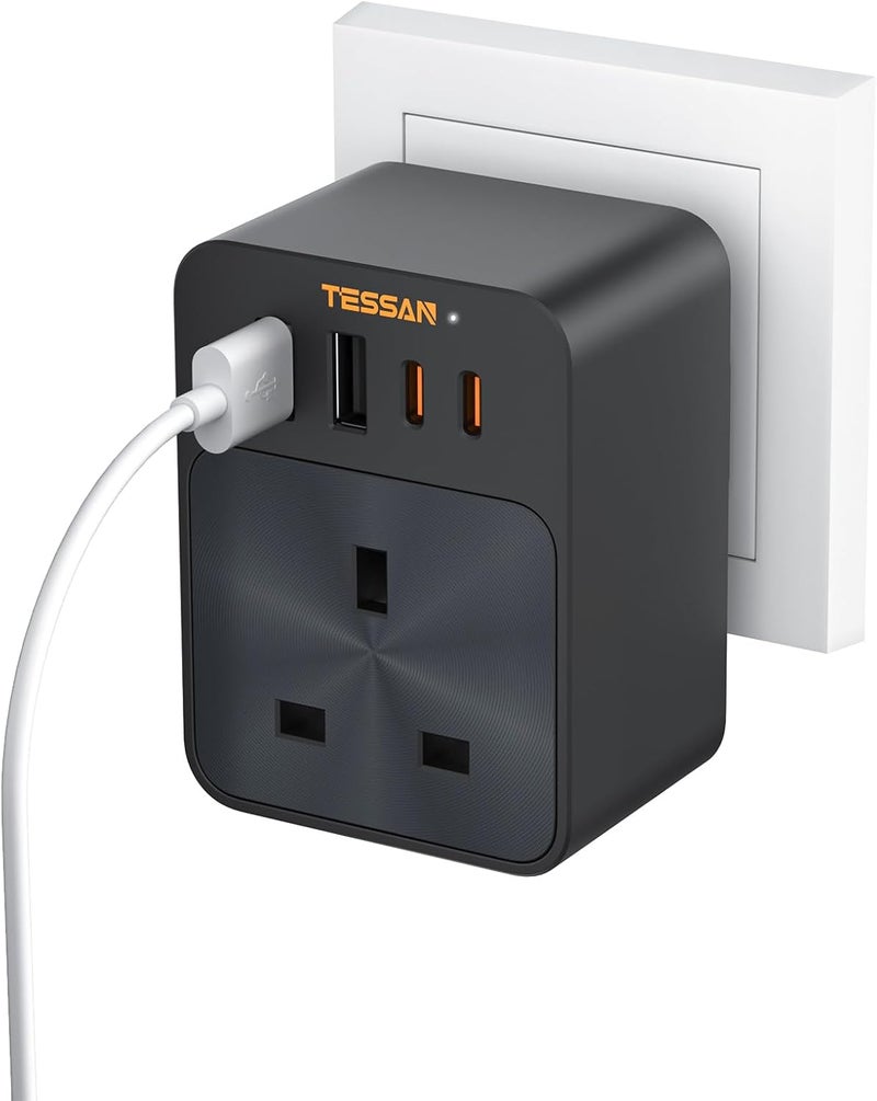 TESSAN 30W USB C Fast Charger Plug Extension Socket, Multi Plug Adaptor Outlet Extender with 4 USB Ports, Black Cube Wall Charger for Home, Kitchen, Office, School Supplies - Image 1