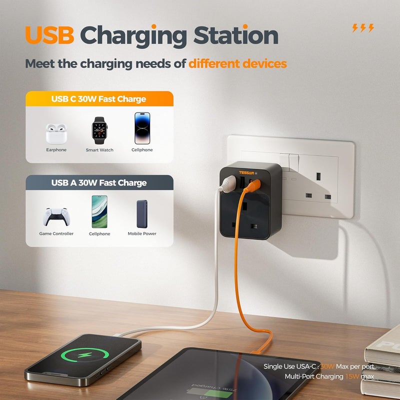 TESSAN 30W USB C Fast Charger Plug Extension Socket, Multi Plug Adaptor Outlet Extender with 4 USB Ports, Black Cube Wall Charger for Home, Kitchen, Office, School Supplies - Image 4