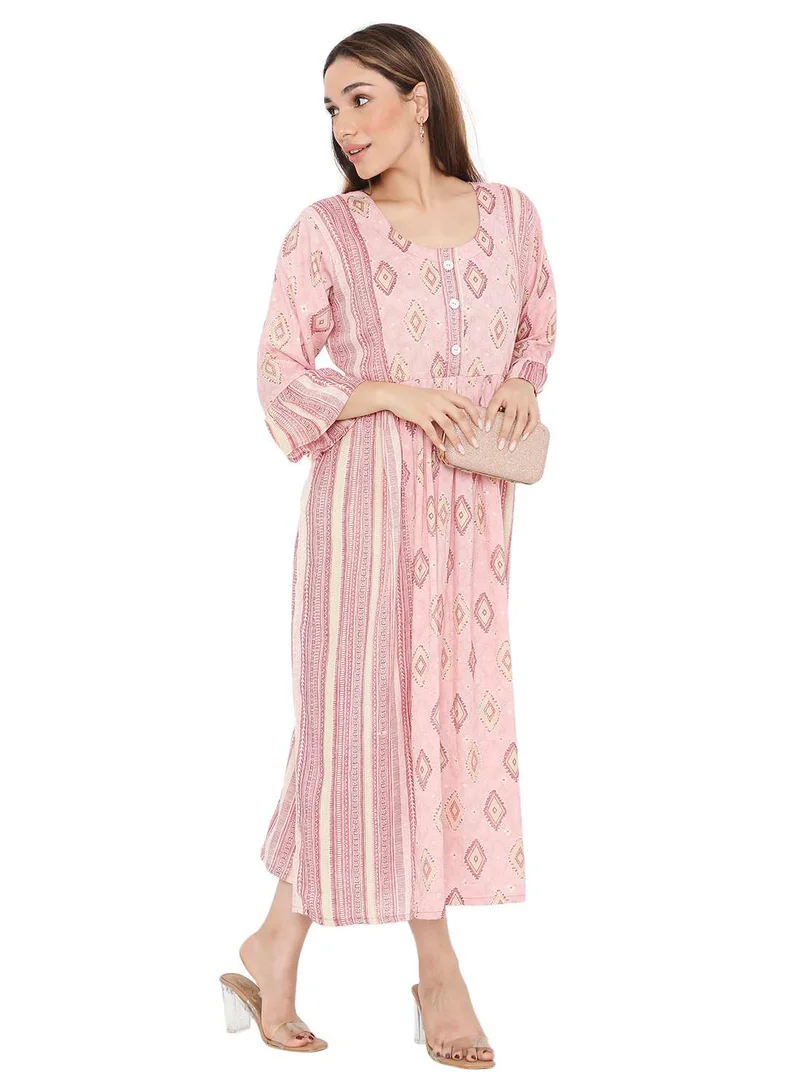 هانا آند سارا STYLISH PRINTED SHORT FRONT STYLED BUTTON ARABIC KAFTAN JALABIYA DRESS