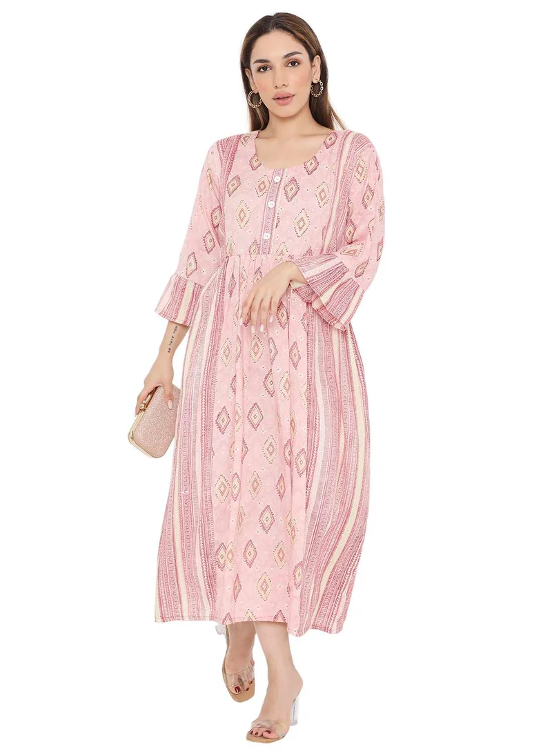 هانا آند سارا STYLISH PRINTED SHORT FRONT STYLED BUTTON ARABIC KAFTAN JALABIYA DRESS