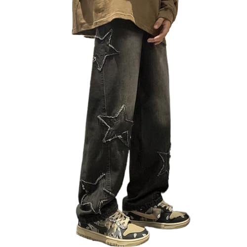 HBER Mens Y2k Star Jeans High Waisted Hip Hop Streetwear Jeans Loose Baggy Embroidery Aesthetic Harajuku Denim Pants Black - Image 4