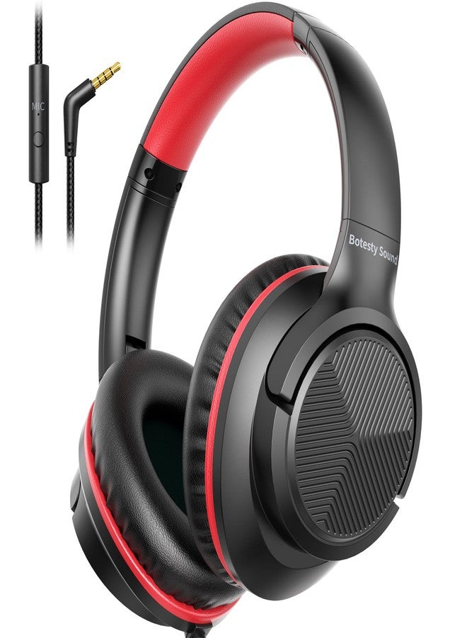 Botesty Sound Headphones Wired with Microphone, Over Ear Foldable 3.5mm Plug in Headphones Corded with 4.9ft Tangle-Free Nylon Cord for Tablet, Laptop, MP3/4, School, Airplane Travel (Black Red) - Image 1