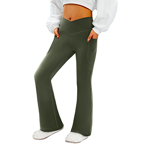 COPYLEAF Women's Flare Yoga Pants with Pockets-V Crossover High Waisted Bootcut Yoga Leggings-Flare Bell Bottom Workout Gym Leggings Green - Image 1