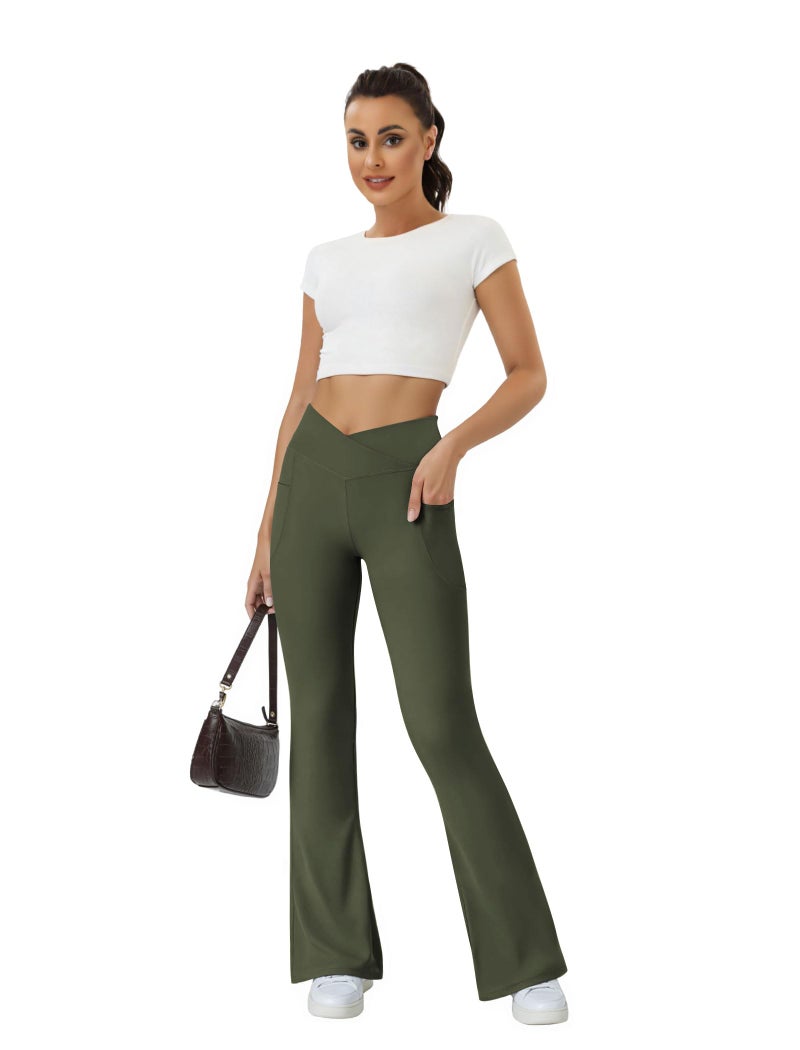 COPYLEAF Women's Flare Yoga Pants with Pockets-V Crossover High Waisted Bootcut Yoga Leggings-Flare Bell Bottom Workout Gym Leggings Green - Image 3