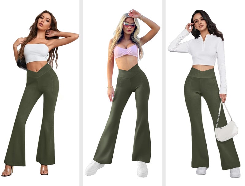 COPYLEAF Women's Flare Yoga Pants with Pockets-V Crossover High Waisted Bootcut Yoga Leggings-Flare Bell Bottom Workout Gym Leggings Green - Image 5