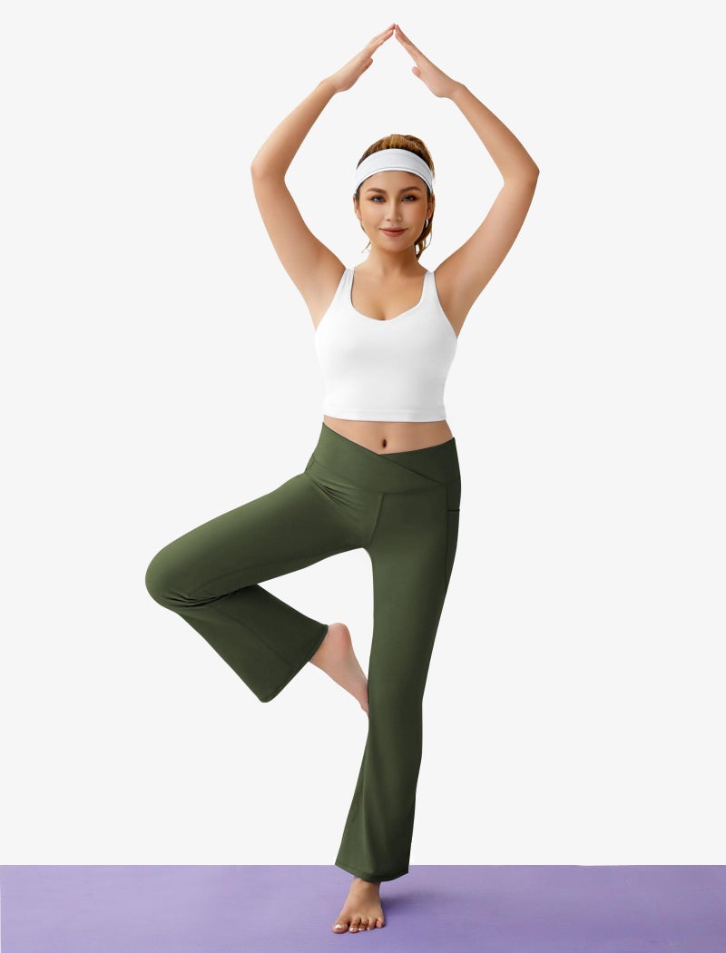 COPYLEAF Women's Flare Yoga Pants with Pockets-V Crossover High Waisted Bootcut Yoga Leggings-Flare Bell Bottom Workout Gym Leggings Green - Image 2