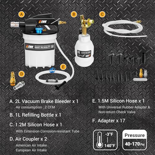 EWK 23 pcs Pneumatic Brake Bleeder Kit, 2L Vacuum Pump + 1L Brake Fluid Refilling Bottle - Image 2