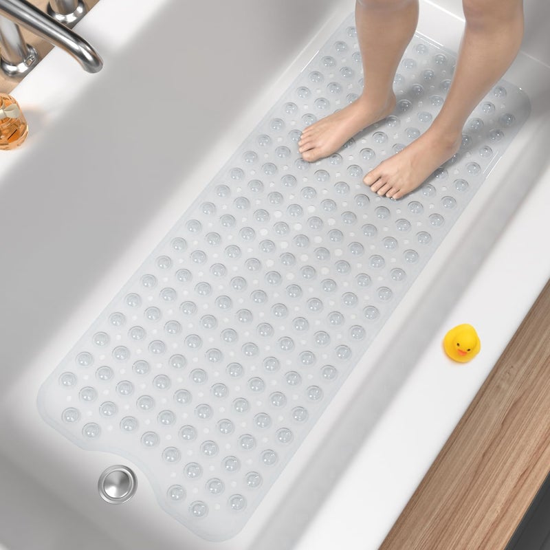 HITSLAM Bath Mat for Tub Non Slip Bathtub Mat 40 x 16 Inch Extra Long Bath Tub Mat Machine Washable Bathroom Shower Mat with Suction Cups and Drain Holes Soft on Feet Clear