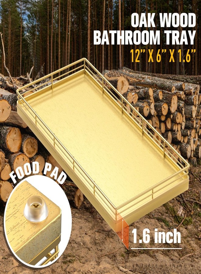Focusonit Toilet Tank Tray - 13" x 8" Back of Toilet Topper Basket, Bathroom Vanity Tray for Countertop, Oka Wood White & Golden Frame - Image 3