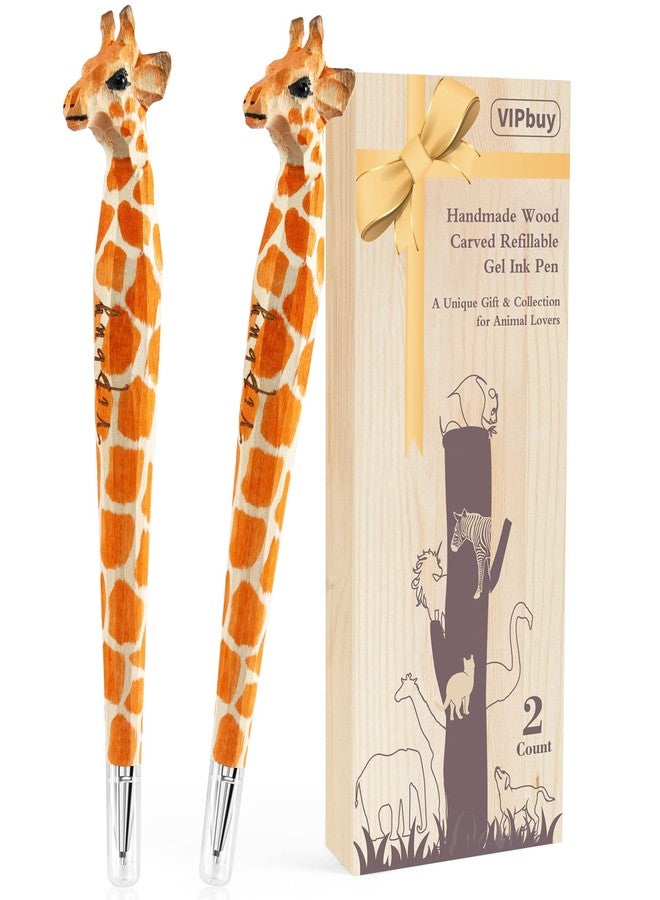 VIPbuy 2 Count 100% Handmade Wood Carved Gel Ink Pens -Novelty Refillable Writing Pens Office School Supplies Birthday Christmas Gift, Giraffe - Image 1