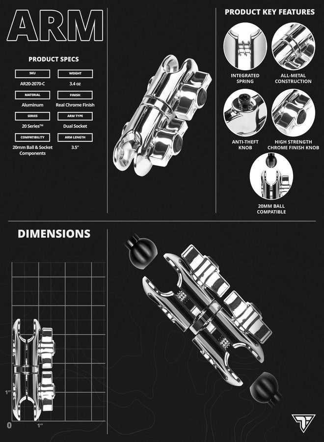 Tackform Chrome 3.5" Long Metal 20mm Ball and Socket Arm DuraLock 20 Series | Dual 20mm Sockets with Optional Anti-Theft Security Function - Image 5