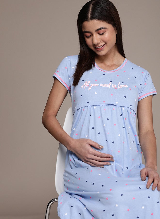 beebelle Blue Printed Maternity & Feeding Pure Cotton Nightdress - Image 1