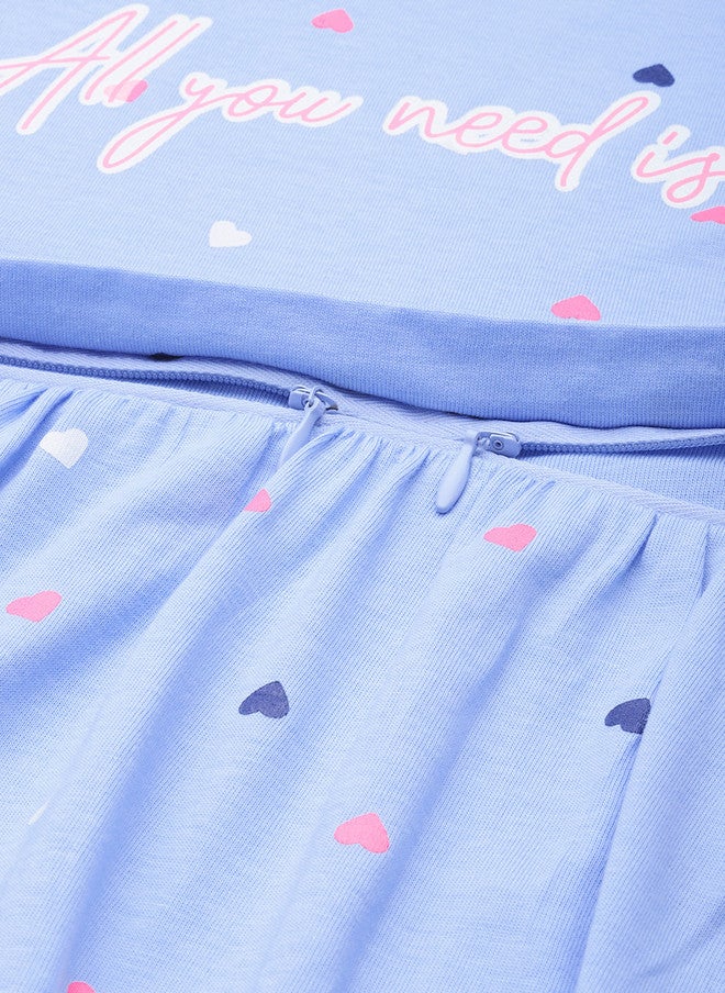 beebelle Blue Printed Maternity & Feeding Pure Cotton Nightdress - Image 2
