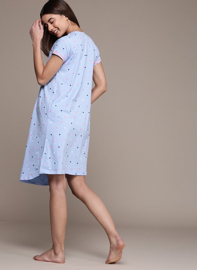 beebelle Blue Printed Maternity & Feeding Pure Cotton Nightdress - Image 5
