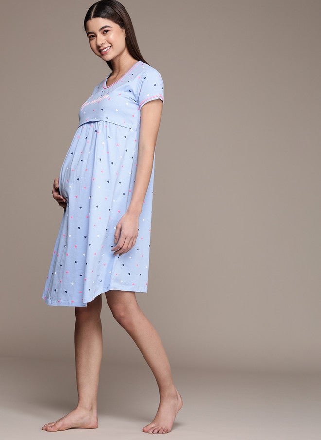 beebelle Blue Printed Maternity & Feeding Pure Cotton Nightdress - Image 4