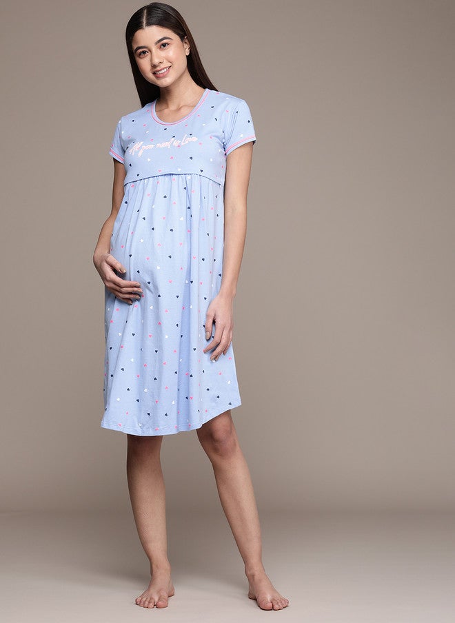 beebelle Blue Printed Maternity & Feeding Pure Cotton Nightdress - Image 3