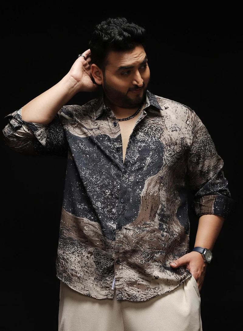 Instafab Plus Instafab Plus Men's Grey & Brown Marble-Specks Imprint Shirt | Spread Collar , Long Cuffed Sleeves , Button Closure , Curved Hemline | Abstract-Print Plain Polyester For Evening & Party Wear