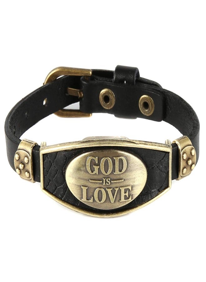 STWTR Punk Alloy Leather Bracelet Men's Fashion Personality Bracelet Wristband Adjustable Black (God is love) - Image 3